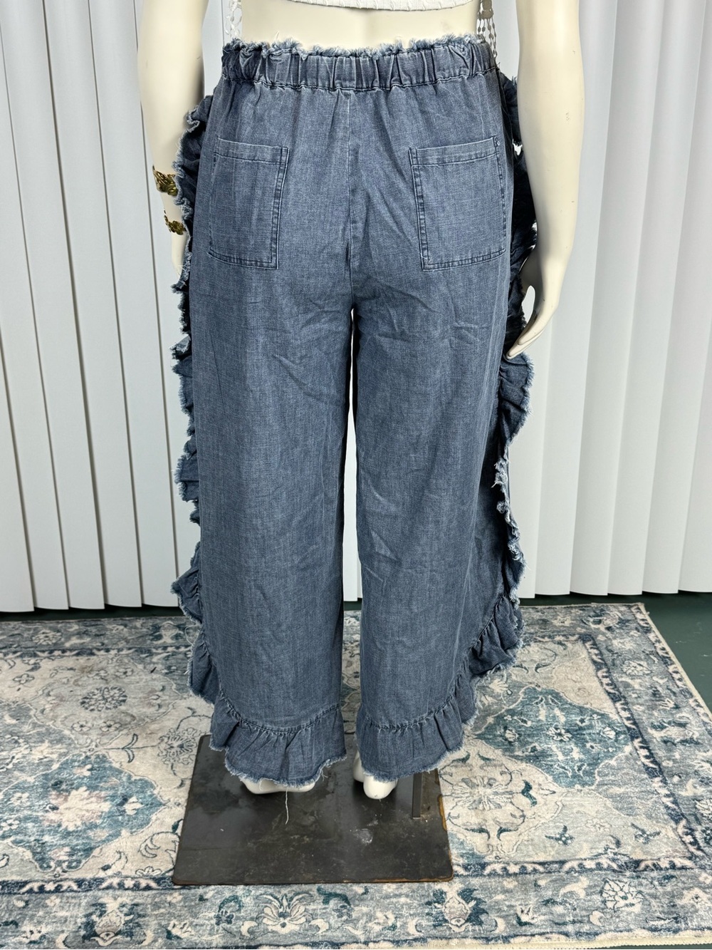 Sage & Fig Chambray Wide Leg Pants Ruffle Trim Boho Drawstring Size S, M, L NWT - Picture 6 of 10